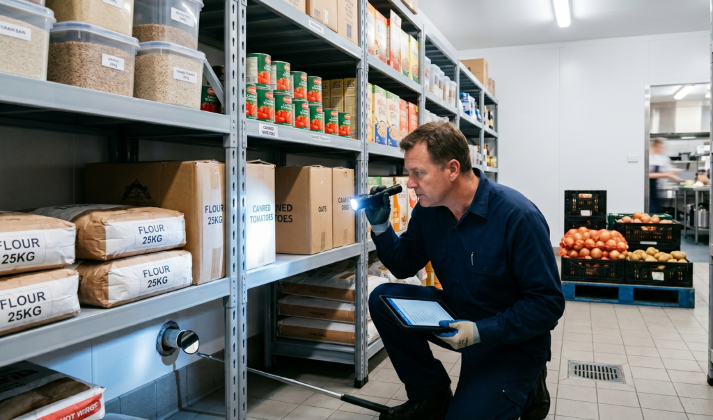 Inspecting food storage areas for effective professional hotel pest control.