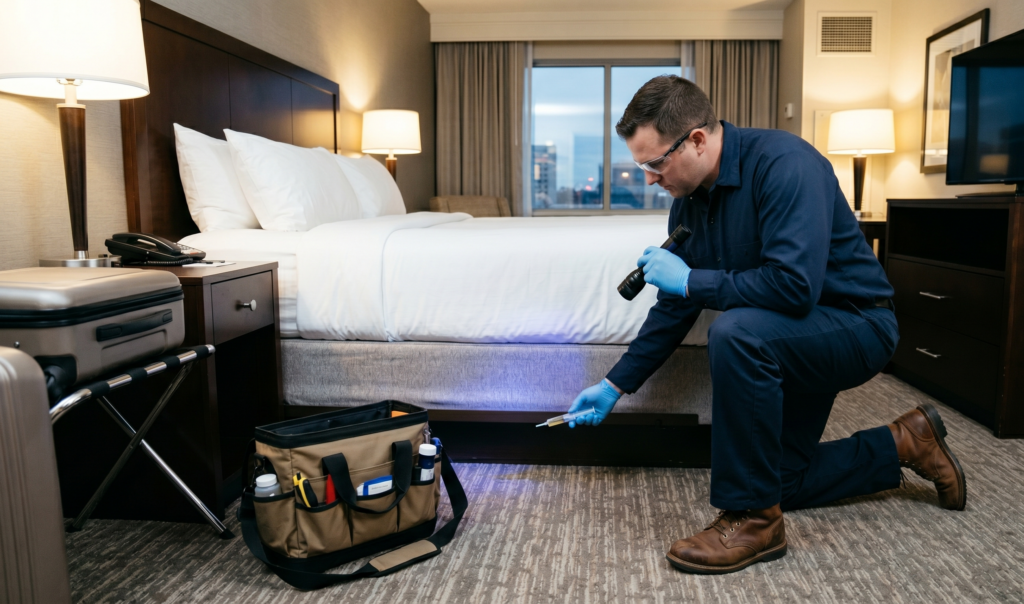 Technician performing professional hotel pest control in a guest suite.