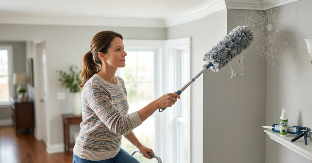 woman spider web removal and prevention at home