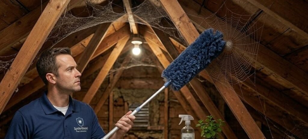 woman spider web removal and prevention in the attic