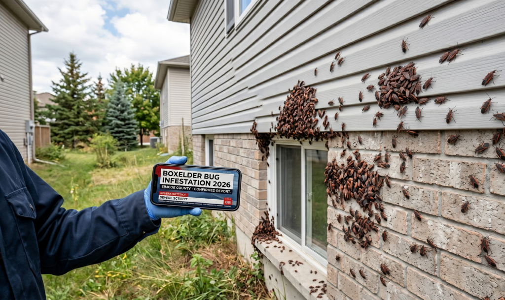 A massive cluster of insects during the boxelder bug infestation 2026 in Simcoe County