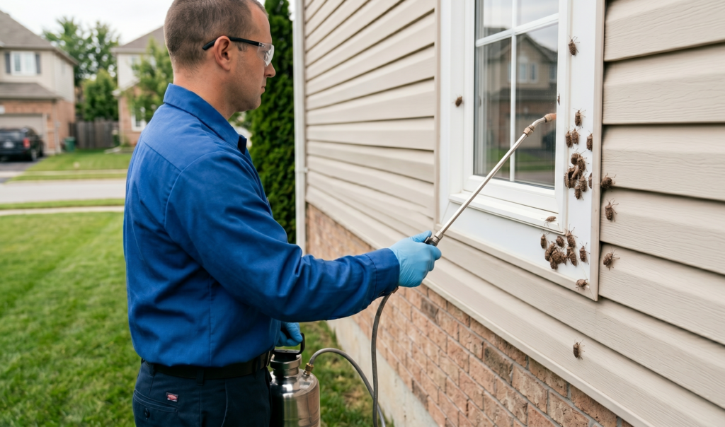 Specialist in navy blue uniform treating a home siding to stop the boxelder bug infestation 2026