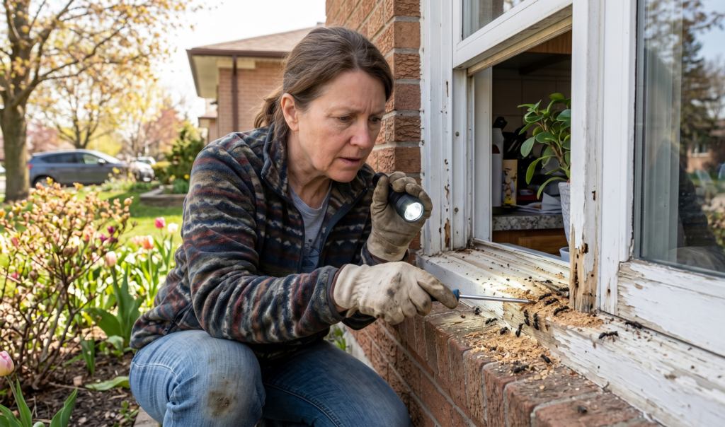 A homeowner inspecting window frames for damage caused by Spring carpenter ants Ontario 2026.